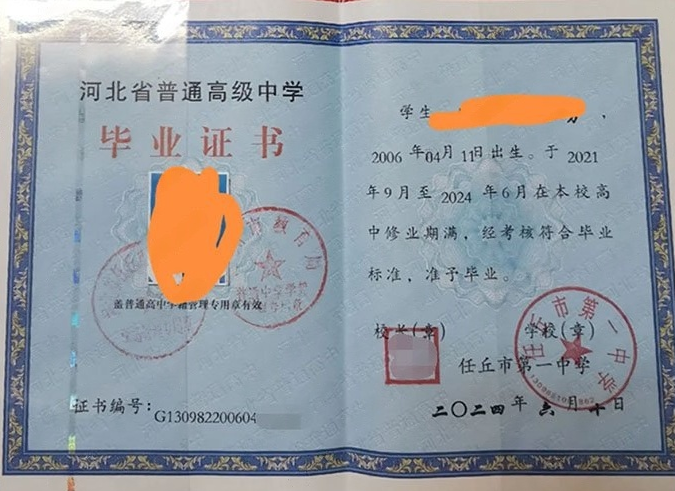 蠡县任丘市第一中学高中毕业证样本图片
